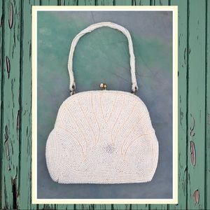 Vintage 50s 60s White Cream Beaded Small Handbag Styled By Simon Purse Japan